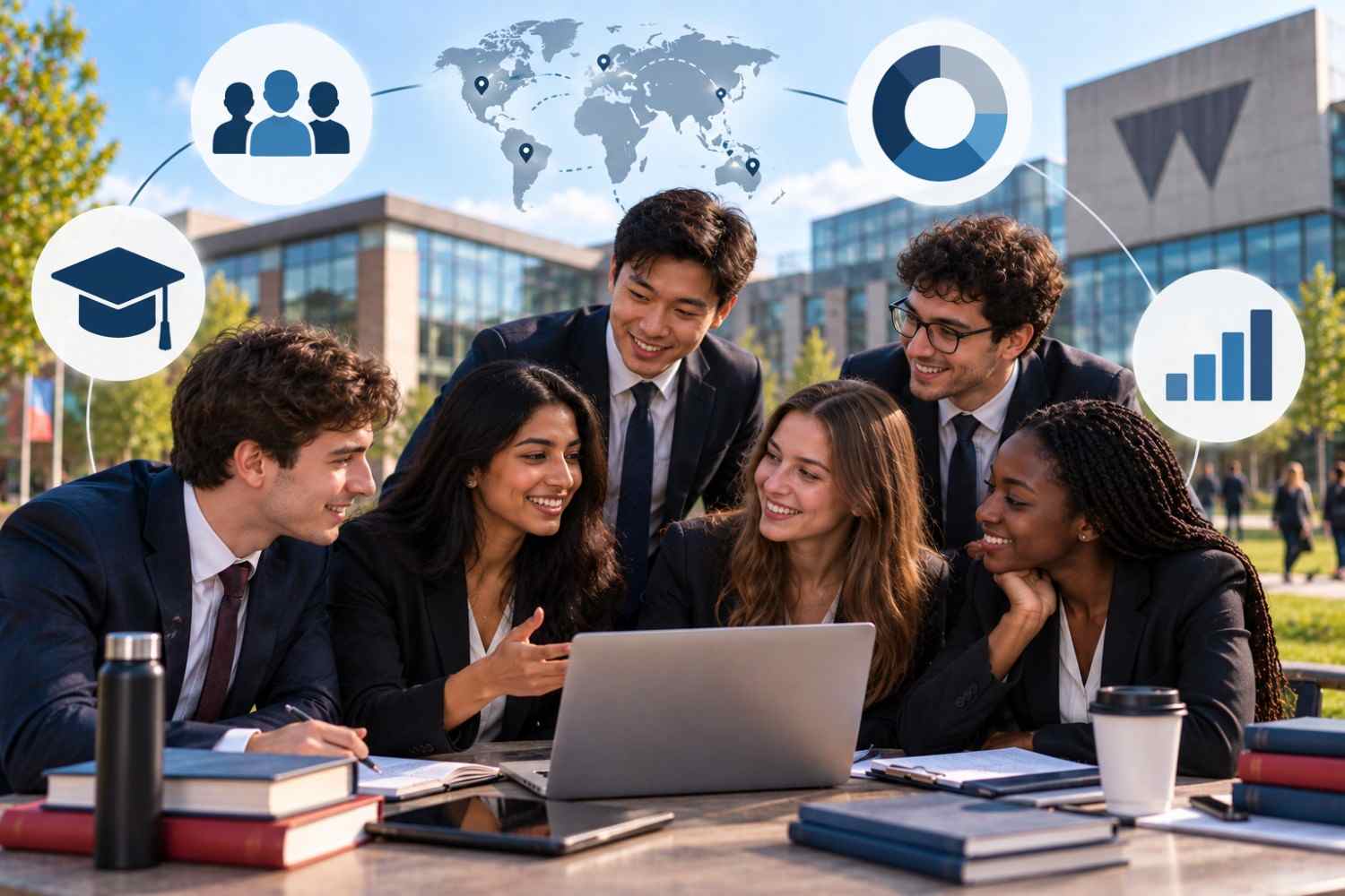 Diverse international graduate students collaborating on a laptop at a university campus, surrounded by global, academic, graduation, and analytics symbols representing the Warwick MiM class profile.